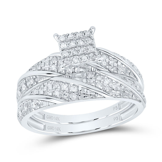 10kt White Gold His & Hers 1/4 Cttw Natural Diamond Square Bridal Wedding Ring Band Set, Women Size: 5-9, Men Size: 8-12