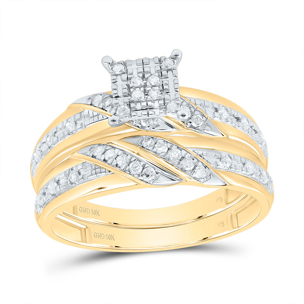 10k Yellow White Gold His & Hers 1/3 Cttw Natural Diamond Square Bridal Wedding Ring Band Set , Women Size: 5-9, Men Size: 8-12