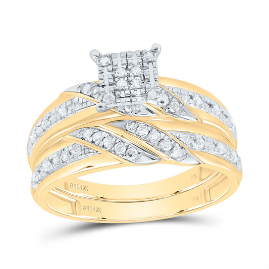 10k Yellow White Gold His & Hers 1/3 Cttw Natural Diamond Square Bridal Wedding Ring Band Set , Women Size: 5-9, Men Size: 8-12
