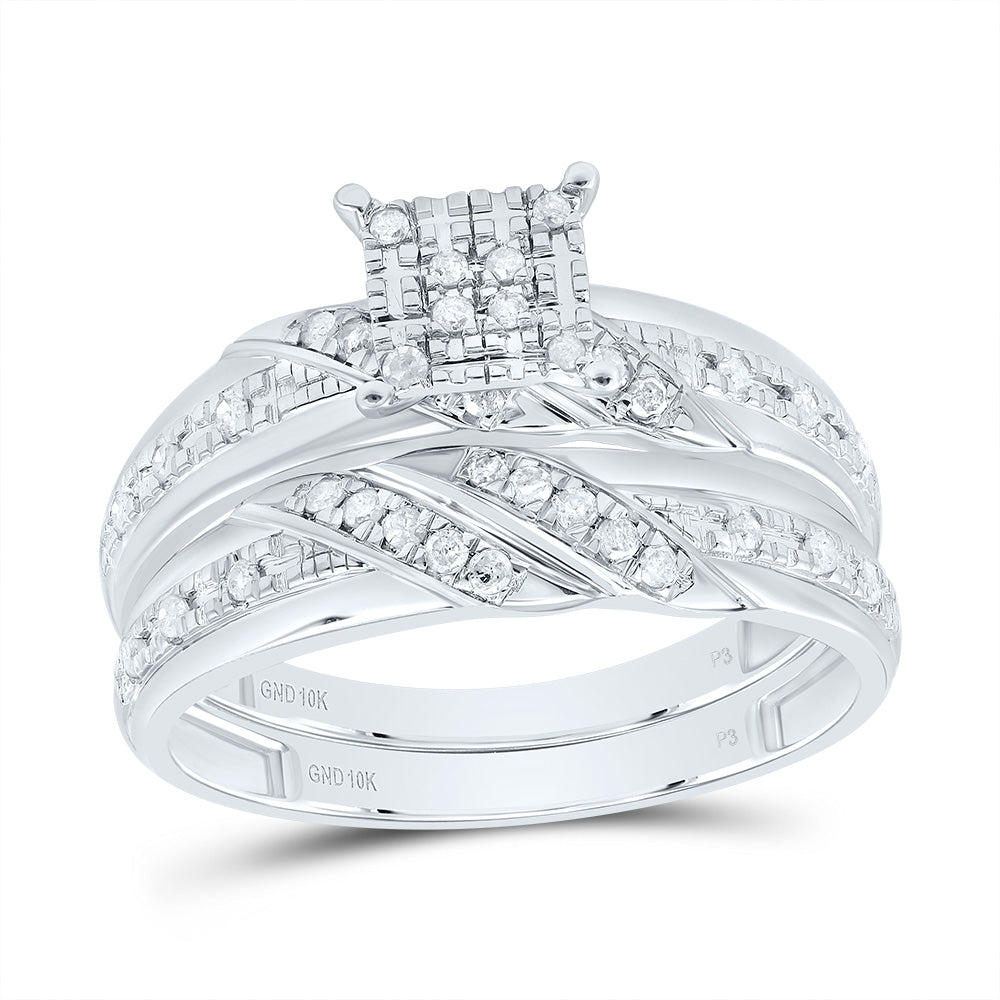10kt White Gold His & Hers 1/3 Cttw Natural Diamond Square Bridal Wedding Ring Band Set, Women Size: 5-9, Men Size: 8-12