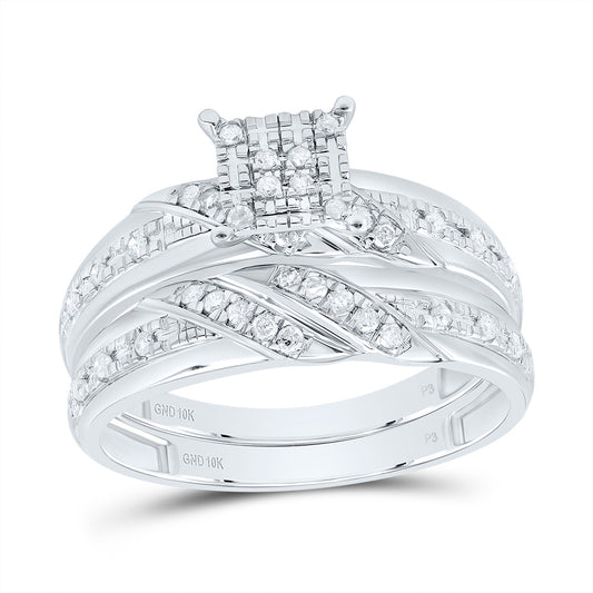 10kt White Gold His & Hers 1/3 Cttw Natural Diamond Square Bridal Wedding Ring Band Set, Women Size: 5-9, Men Size: 8-12