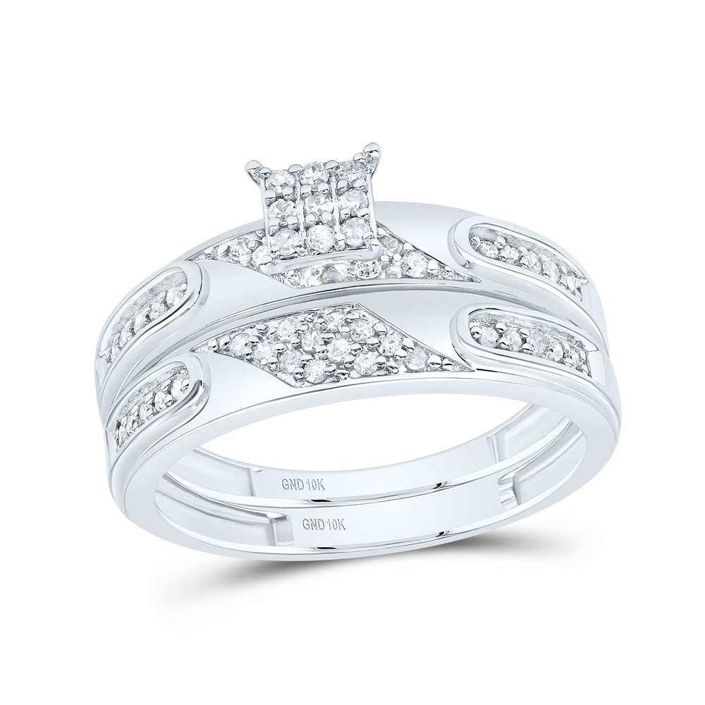 10kt White Gold His & Hers 3/8 Cttw Natural Diamond Square Bridal Wedding Ring Band Set, Women Size: 5-9, Men Size: 8-12