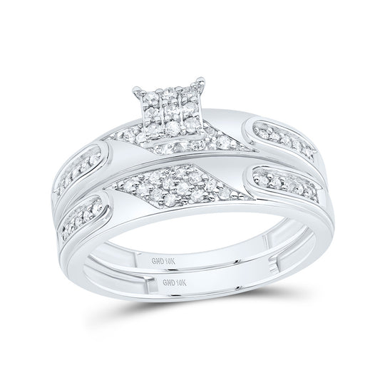 10kt White Gold His & Hers 3/8 Cttw Natural Diamond Square Bridal Wedding Ring Band Set, Women Size: 5-9, Men Size: 8-12