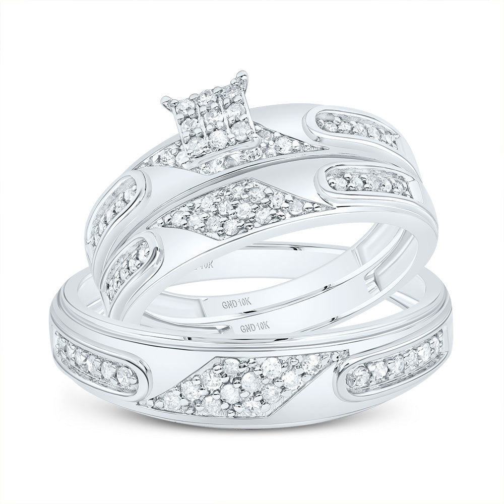 10kt White Gold His & Hers 3/8 Cttw Natural Diamond Square Bridal Wedding Ring Band Set, Women Size: 5-9, Men Size: 8-12