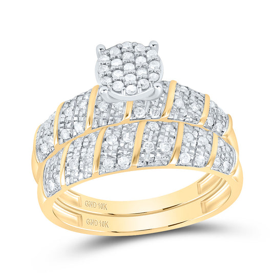 10k Yellow White Gold His & Hers 1/2 Cttw Natural Diamond Round Bridal Wedding Ring Band Set , Women Size: 5-9, Men Size: 8-12