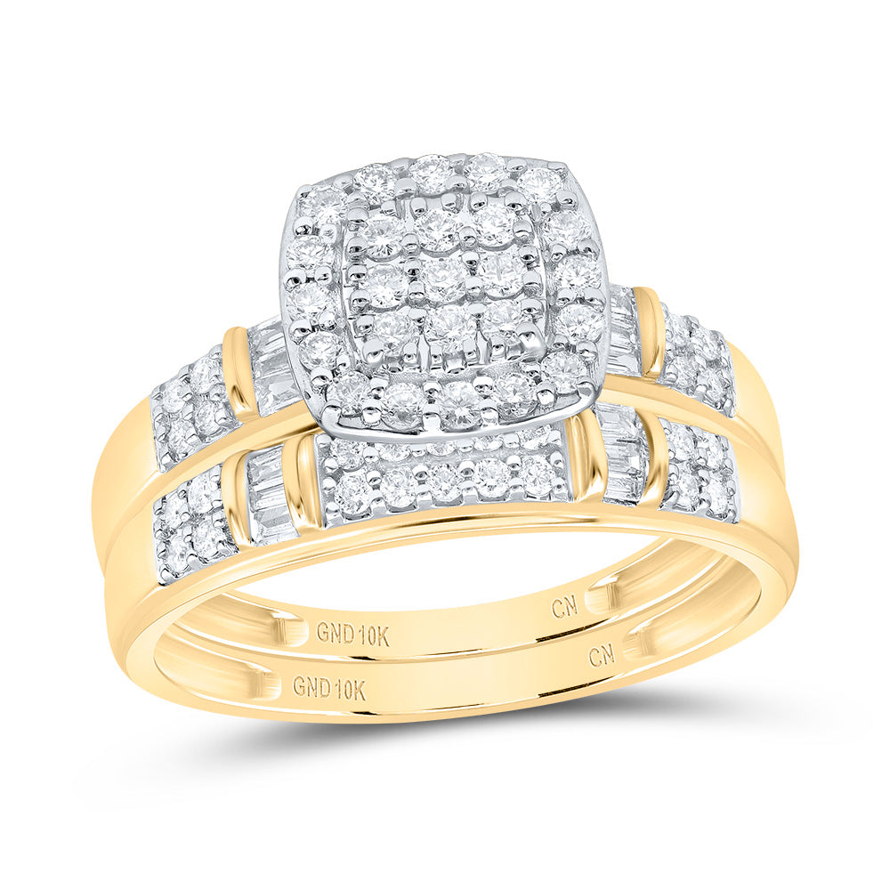 10k Yellow White Gold His & Hers 3/4 Cttw Natural Diamond Cushion Bridal Wedding Ring Band Set , Women Size: 5-9, Men Size: 8-12