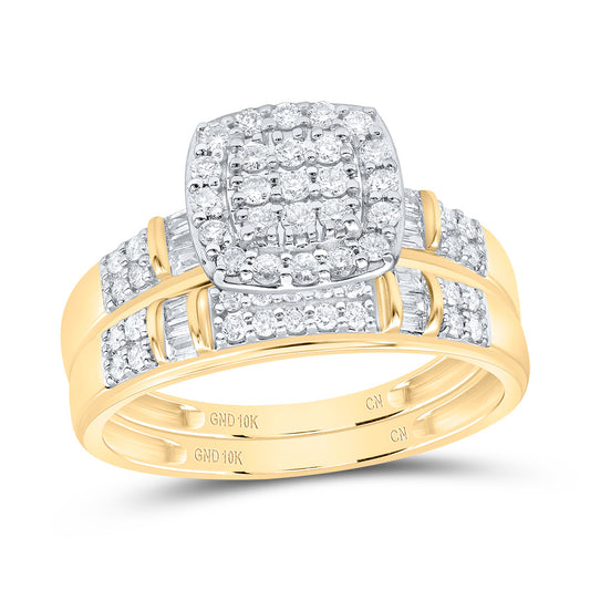 10k Yellow White Gold His & Hers 3/4 Cttw Natural Diamond Cushion Bridal Wedding Ring Band Set , Women Size: 5-9, Men Size: 8-12
