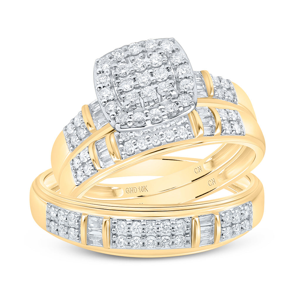 10k Yellow White Gold His & Hers 3/4 Cttw Natural Diamond Cushion Bridal Wedding Ring Band Set , Women Size: 5-9, Men Size: 8-12