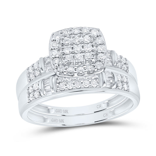 10kt White Gold His & Hers 3/4 Cttw Natural Diamond Cushion Bridal Wedding Ring Band Set, Women Size: 5-9, Men Size: 8-12