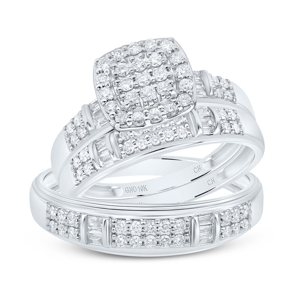 10kt White Gold His & Hers 3/4 Cttw Natural Diamond Cushion Bridal Wedding Ring Band Set, Women Size: 5-9, Men Size: 8-12