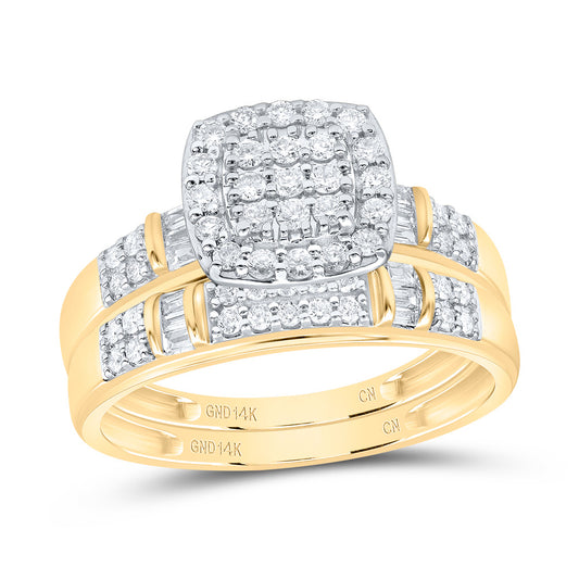 14k Yellow White Gold His & Hers 3/4 Cttw Natural Diamond Cushion Bridal Wedding Ring Band Set , Women Size: 5-9, Men Size: 8-12