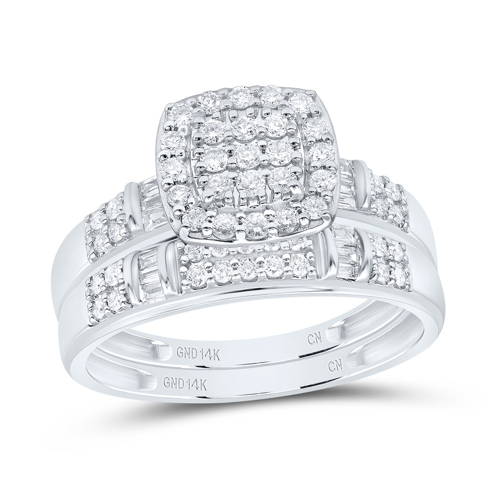 14kt White Gold His & Hers 3/4 Cttw Natural Diamond Cushion Bridal Wedding Ring Band Set, Women Size: 5-9, Men Size: 8-12