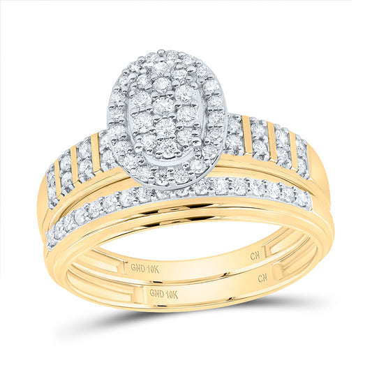 10k Yellow White Gold His & Hers 5/8 Cttw Natural Diamond Oval Bridal Wedding Ring Band Set , Women Size: 5-9, Men Size: 8-12