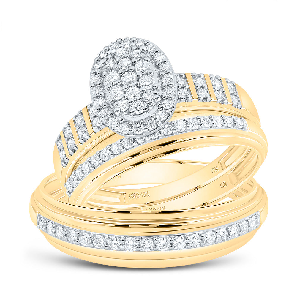 10k Yellow White Gold His & Hers 5/8 Cttw Natural Diamond Oval Bridal Wedding Ring Band Set , Women Size: 5-9, Men Size: 8-12