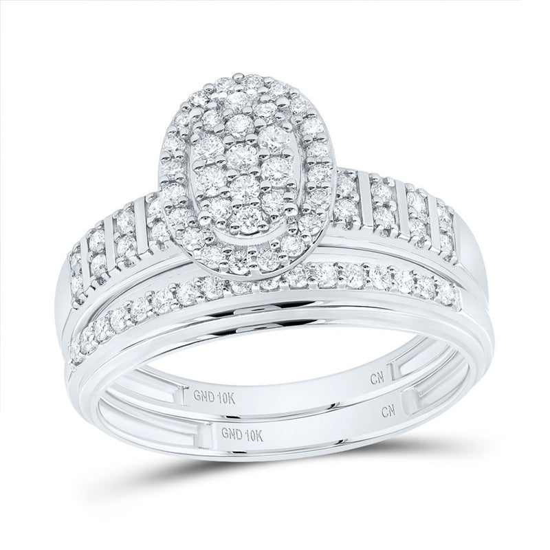 10kt White Gold His & Hers 5/8 Cttw Natural Diamond Oval Bridal Wedding Ring Band Set, Women Size: 5-9, Men Size: 8-12