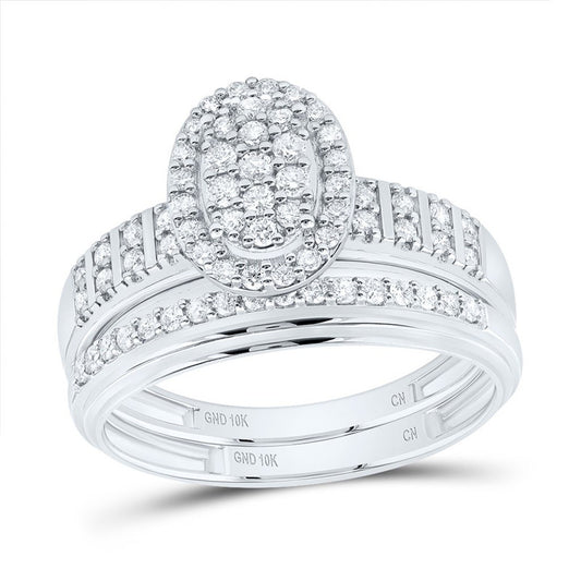 10kt White Gold His & Hers 5/8 Cttw Natural Diamond Oval Bridal Wedding Ring Band Set, Women Size: 5-9, Men Size: 8-12