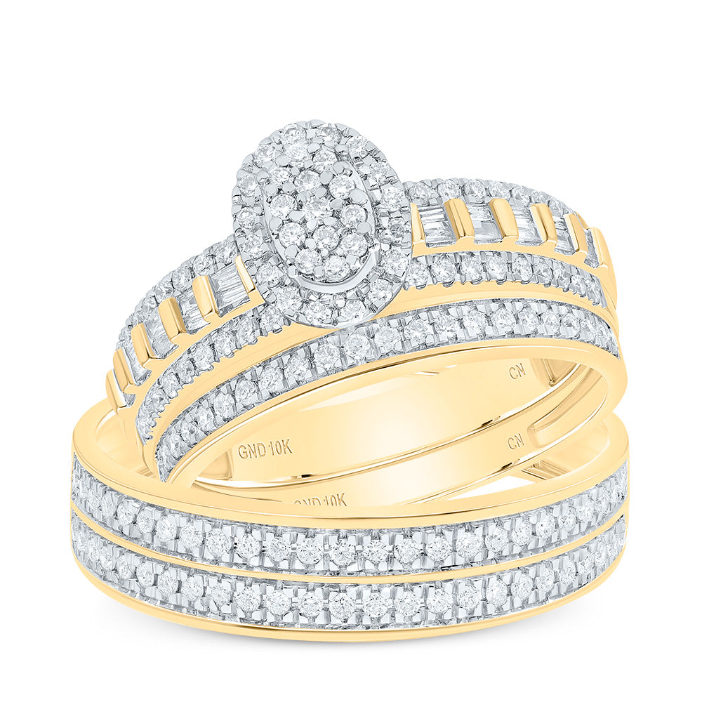 10k Yellow White Gold His & Hers 3/4 Cttw Natural Diamond Oval Bridal Wedding Ring Band Set , Women Size: 5-9, Men Size: 8-12