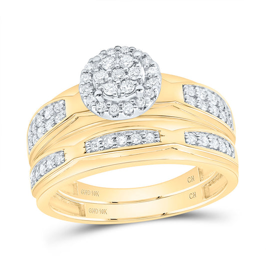10k Yellow White Gold His & Hers 1/2 Cttw Natural Diamond Round Bridal Wedding Ring Band Set , Women Size: 5-9, Men Size: 8-12