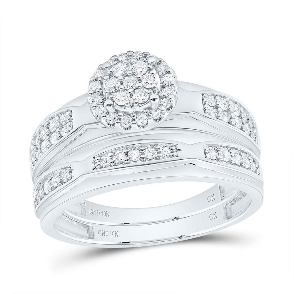 10kt White Gold His & Hers 1/2 Cttw Natural Diamond Round Bridal Wedding Ring Band Set, Women Size: 5-9, Men Size: 8-12