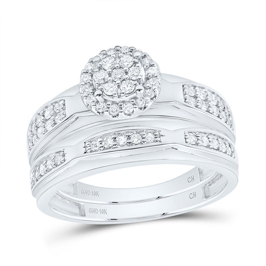 10kt White Gold His & Hers 1/2 Cttw Natural Diamond Round Bridal Wedding Ring Band Set, Women Size: 5-9, Men Size: 8-12
