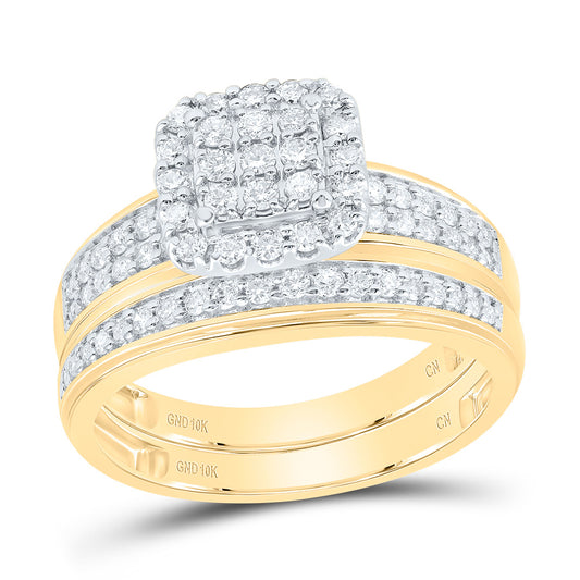 10k Yellow White Gold His & Hers 3/4 Cttw Natural Diamond Cushion Bridal Wedding Ring Band Set , Women Size: 5-9, Men Size: 8-12