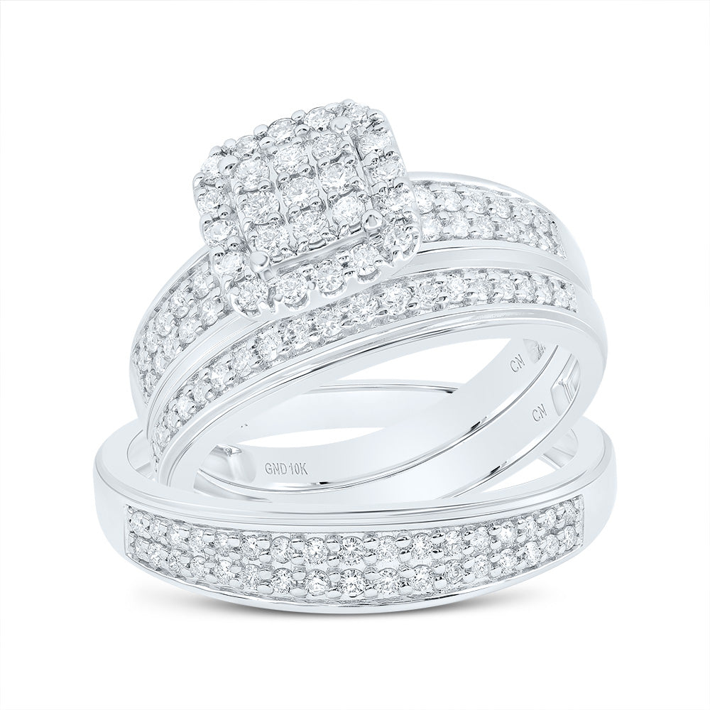 10kt White Gold His & Hers 3/4 Cttw Diamond Cushion Bridal Wedding Ring Band Set, Women Size: 5-9, Men Size: 8-12