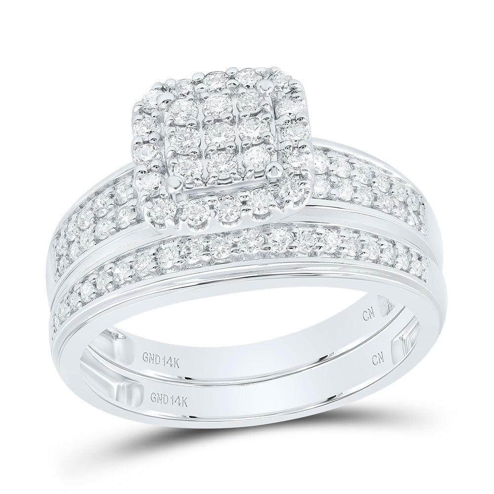 14kt White Gold His & Hers 3/4 Cttw Natural Diamond Cushion Bridal Wedding Ring Band Set, Women Size: 5-9, Men Size: 8-12