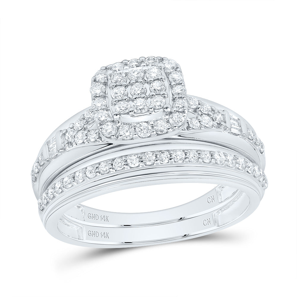 14kt White Gold His & Hers 3/4 Cttw Natural Diamond Cushion Bridal Wedding Ring Band Set, Women Size: 5-9, Men Size: 8-12