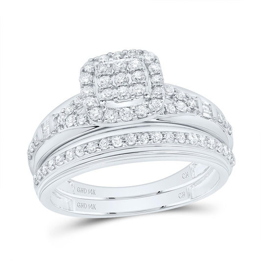 14kt White Gold His & Hers 3/4 Cttw Natural Diamond Cushion Bridal Wedding Ring Band Set, Women Size: 5-9, Men Size: 8-12