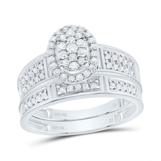 10kt White Gold His & Hers 1/2 Cttw Natural Diamond Oval Bridal Wedding Ring Band Set, Women Size: 5-9, Men Size: 8-12