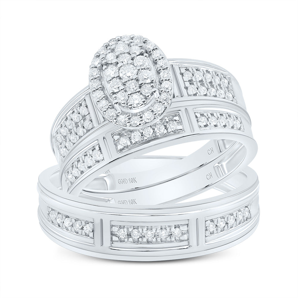 10kt White Gold His & Hers 1/2 Cttw Natural Diamond Oval Bridal Wedding Ring Band Set, Women Size: 5-9, Men Size: 8-12