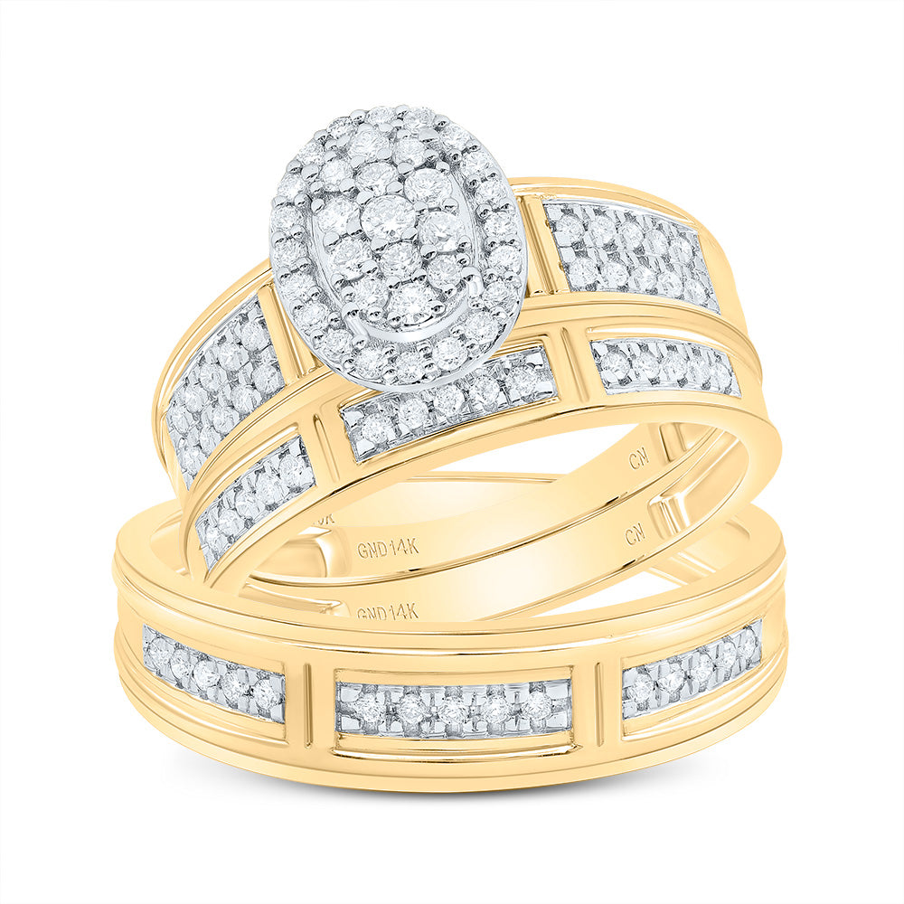 14k Yellow White Gold His & Hers 1/2 Cttw Natural Diamond Oval Bridal Wedding Ring Band Set , Women Size: 5-9, Men Size: 8-12