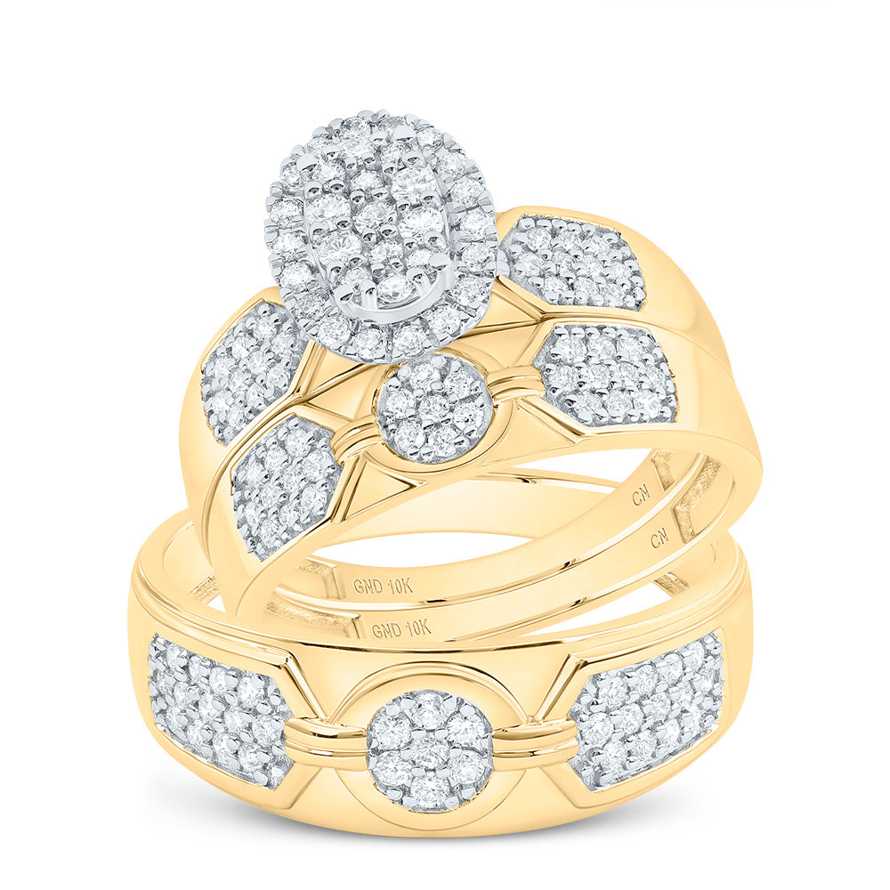 10k Yellow White Gold His & Hers 3/4 Cttw Natural Diamond Oval Bridal Wedding Ring Band Set , Women Size: 5-9, Men Size: 8-12