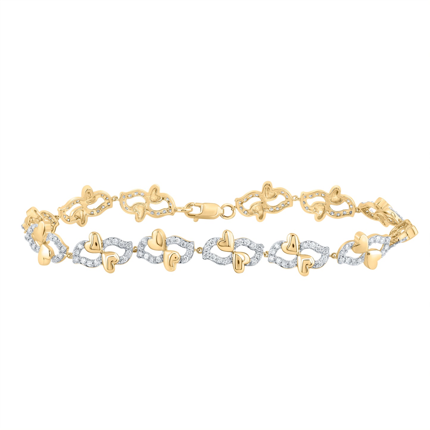 10kt Yellow Gold 1 1/5 Cttw Natural Diamond Fashion Heart Bracelet, Length: 7 Inch
