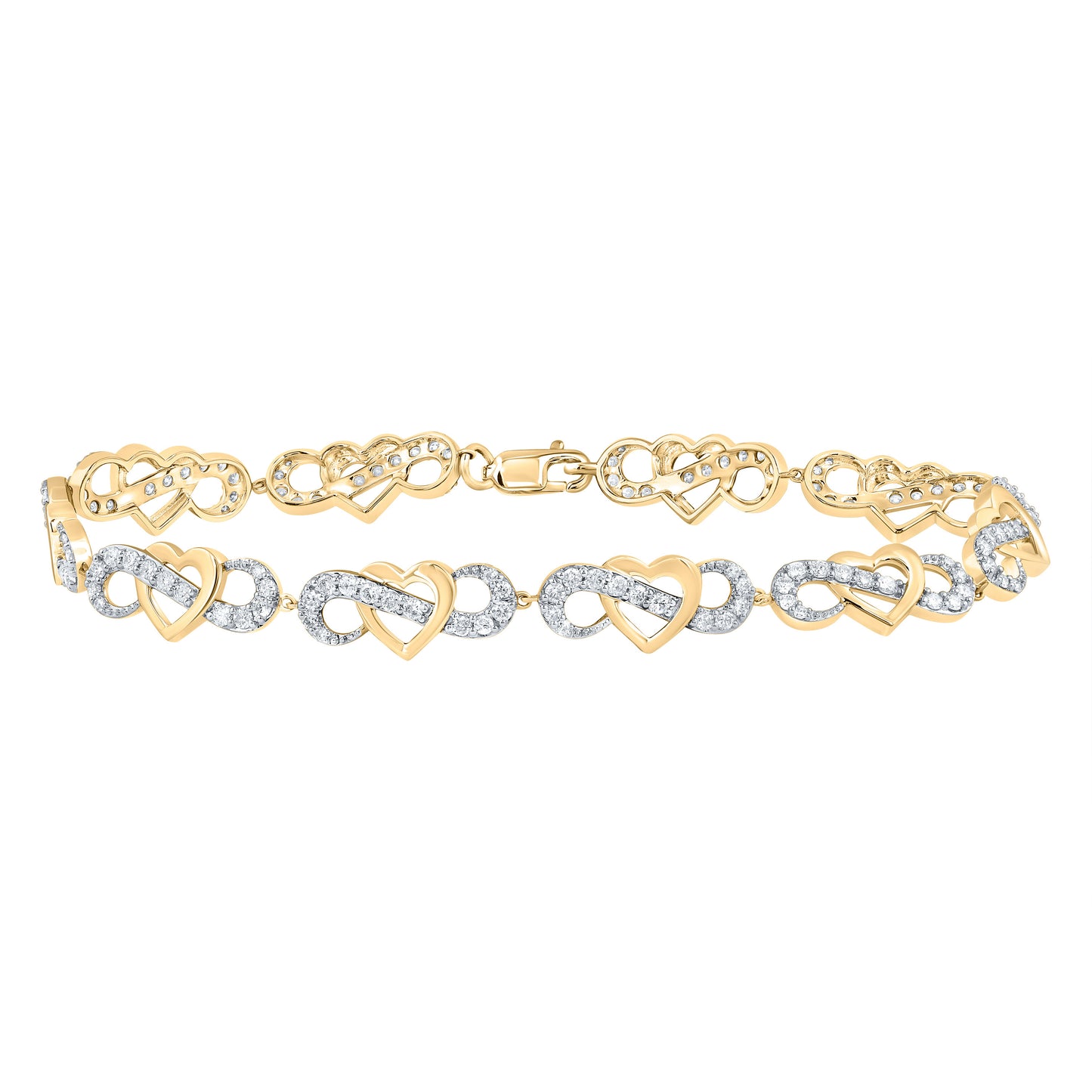 10kt Yellow Gold 1 1/3 Cttw Natural Diamond Fashion Heart Bracelet, Length: 7 Inch