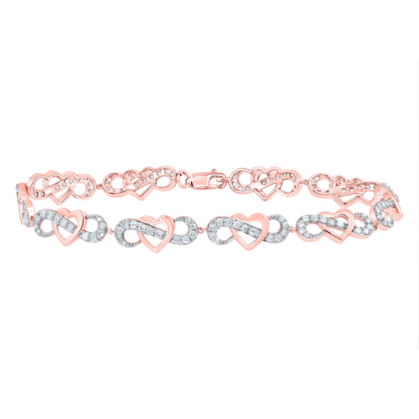 10kt Rose Gold 1 1/3 Cttw Natural Diamond Fashion Heart Bracelet, Length: 7 Inch