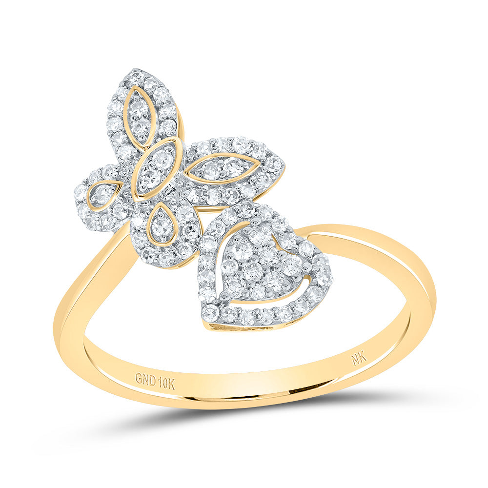 10kt Yellow Gold 1/4 Cttw Natural Diamond Butterfly Heart Wedding Engagement Anniversary Ring, Women Size: 5-9