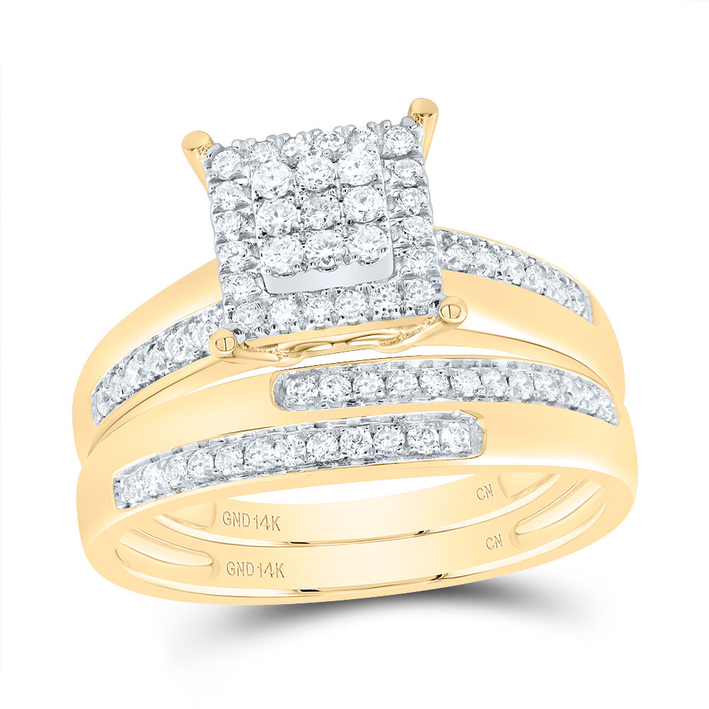 14kt Yellow Gold His & Hers 5/8 Cttw Diamond Square Bridal Wedding Ring Band Set, Women Size: 5-9, Men Size: 8-12