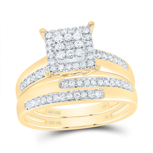 14kt Yellow Gold His & Hers 5/8 Cttw Diamond Square Bridal Wedding Ring Band Set, Women Size: 5-9, Men Size: 8-12