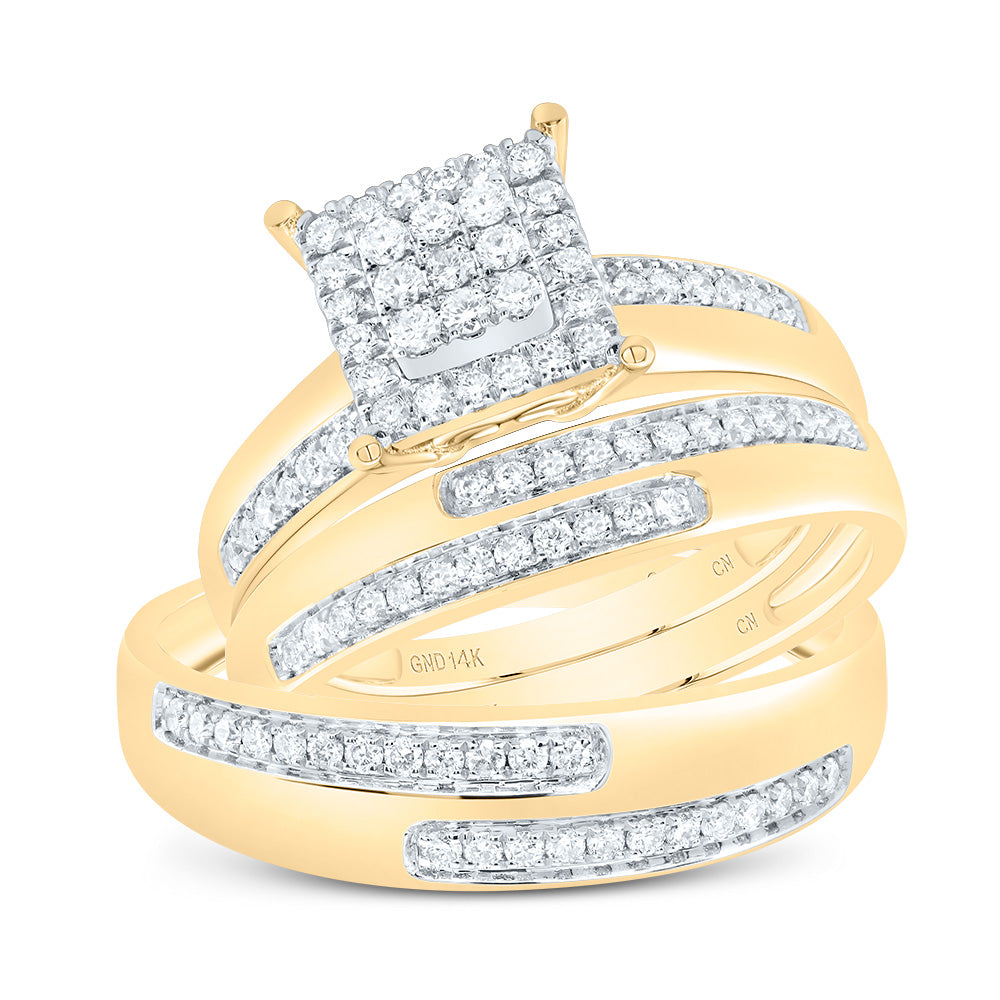 14kt Yellow Gold His & Hers 5/8 Cttw Diamond Square Bridal Wedding Ring Band Set, Women Size: 5-9, Men Size: 8-12