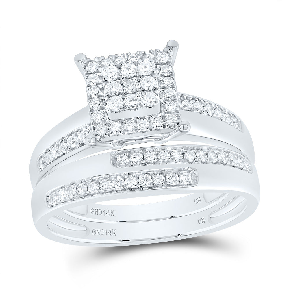 14kt White Gold His & Hers 5/8 Cttw Diamond Square Bridal Wedding Ring Band Set, Women Size: 5-9, Men Size: 8-12