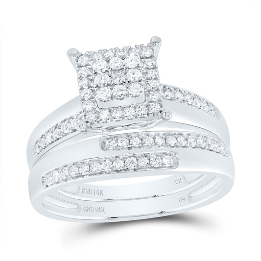 14kt White Gold His & Hers 5/8 Cttw Diamond Square Bridal Wedding Ring Band Set, Women Size: 5-9, Men Size: 8-12