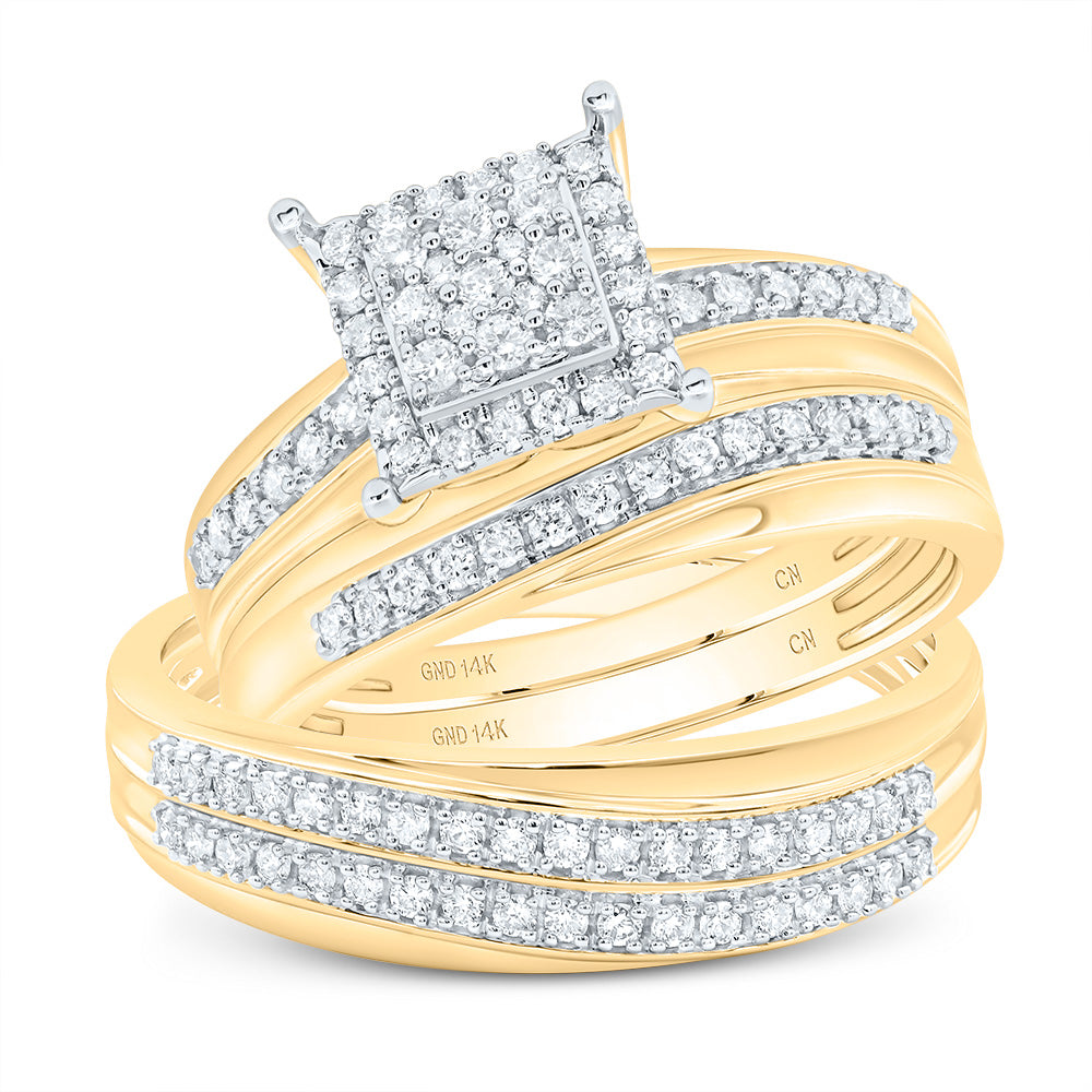 14kt Yellow Gold His & Hers 5/8 Cttw Diamond Square Bridal Wedding Ring Band Set, Women Size: 5-9, Men Size: 8-12
