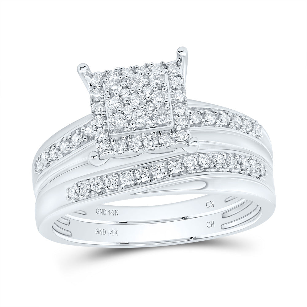 14kt White Gold His & Hers 5/8 Cttw Diamond Square Bridal Wedding Ring Band Set, Women Size: 5-9, Men Size: 8-12