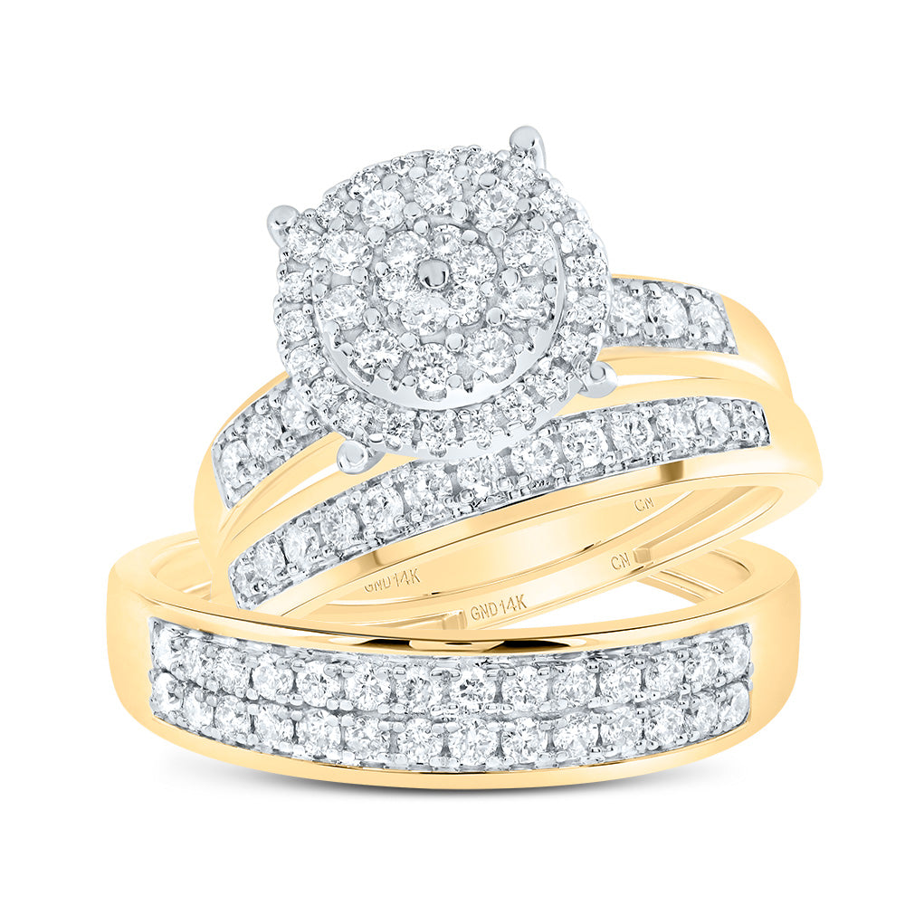 14kt Yellow Gold His & Hers 1 Cttw Diamond Round Bridal Wedding Ring Band Set, Women Size: 5-9, Men Size: 8-12