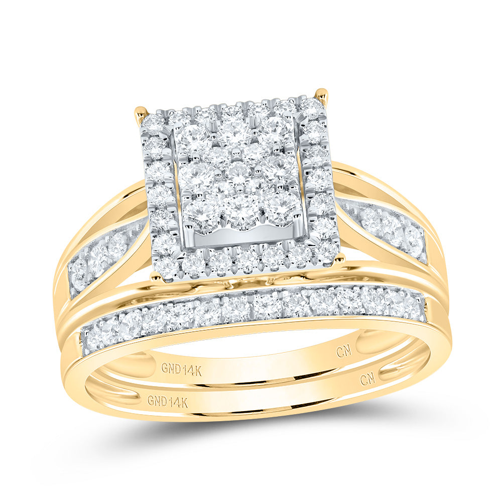 14kt Yellow Gold His & Hers 1 Cttw Diamond Square Bridal Wedding Ring Band Set, Women Size: 5-9, Men Size: 8-12