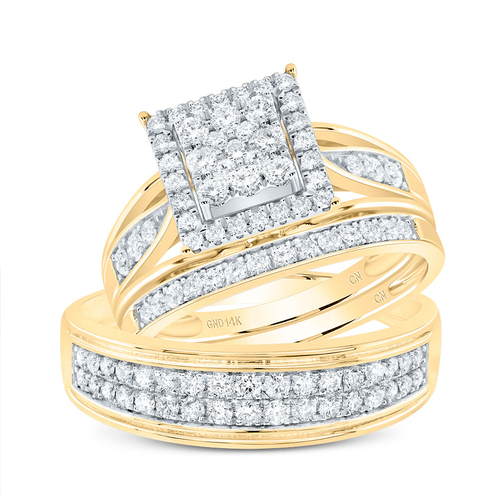 14kt Yellow Gold His & Hers 1 Cttw Diamond Square Bridal Wedding Ring Band Set, Women Size: 5-9, Men Size: 8-12