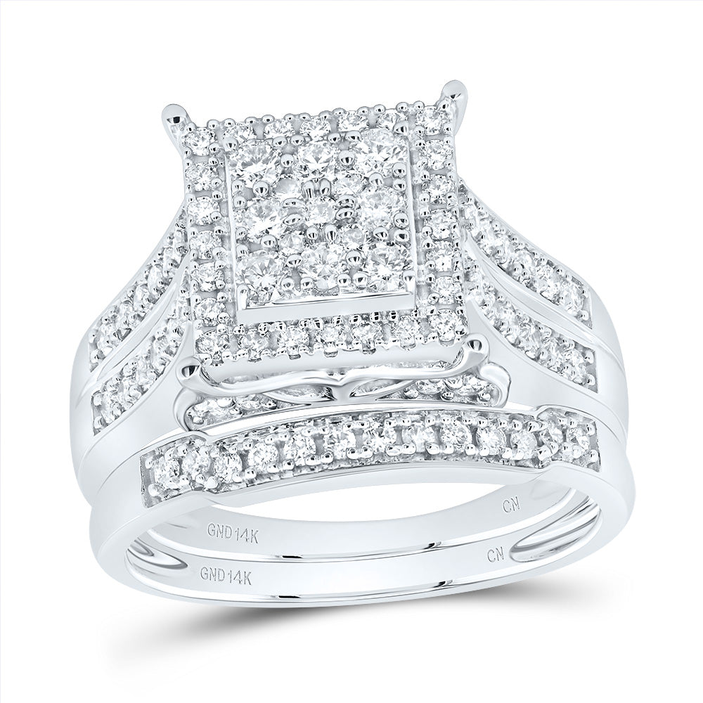 14kt White Gold His & Hers 1 1/3 Cttw Diamond Square Bridal Wedding Ring Band Set, Women Size: 5-9, Men Size: 8-12