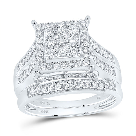 14kt White Gold His & Hers 1 1/3 Cttw Diamond Square Bridal Wedding Ring Band Set, Women Size: 5-9, Men Size: 8-12