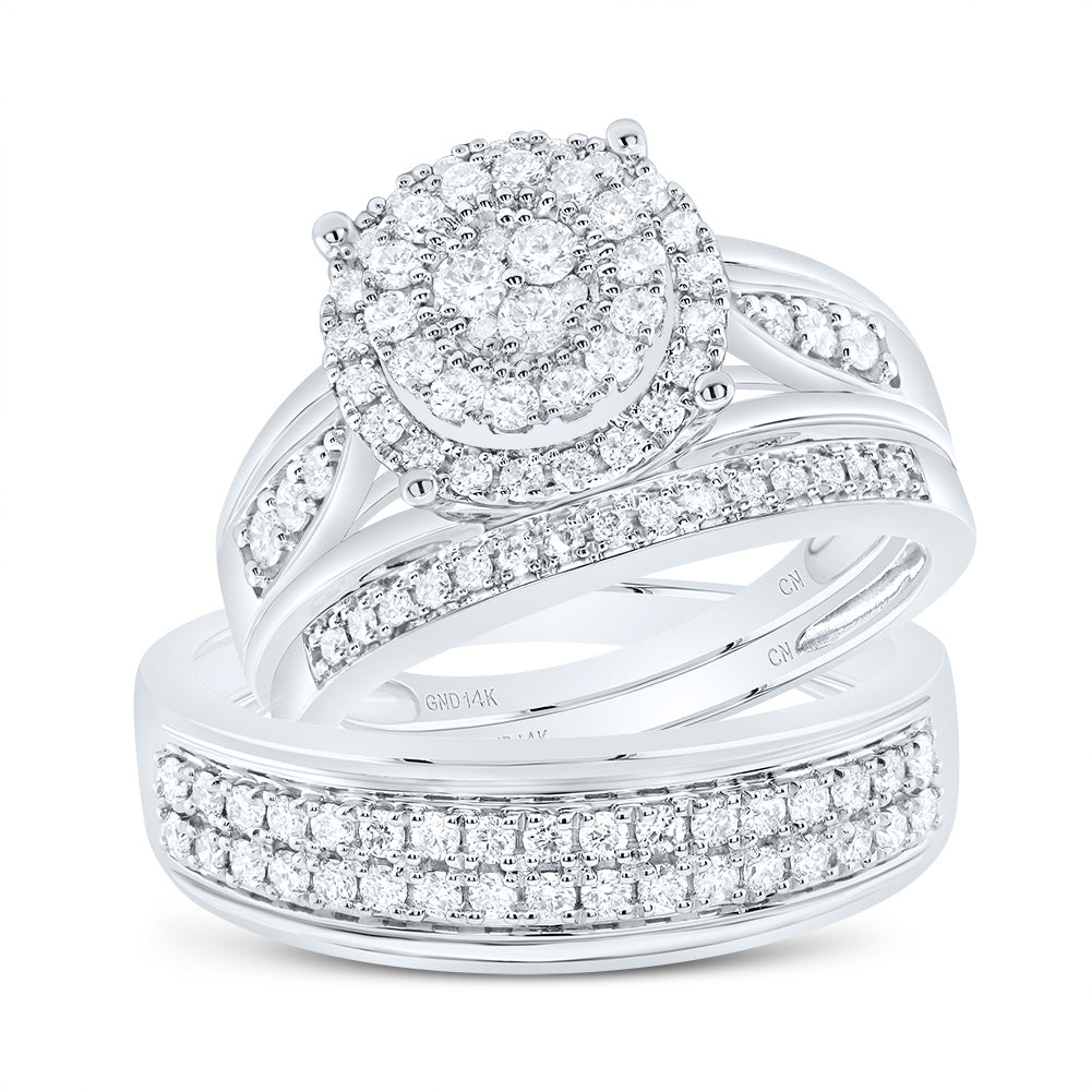14kt White Gold His & Hers 1 Cttw Diamond Round Bridal Wedding Ring Band Set, Women Size: 5-9, Men Size: 8-12